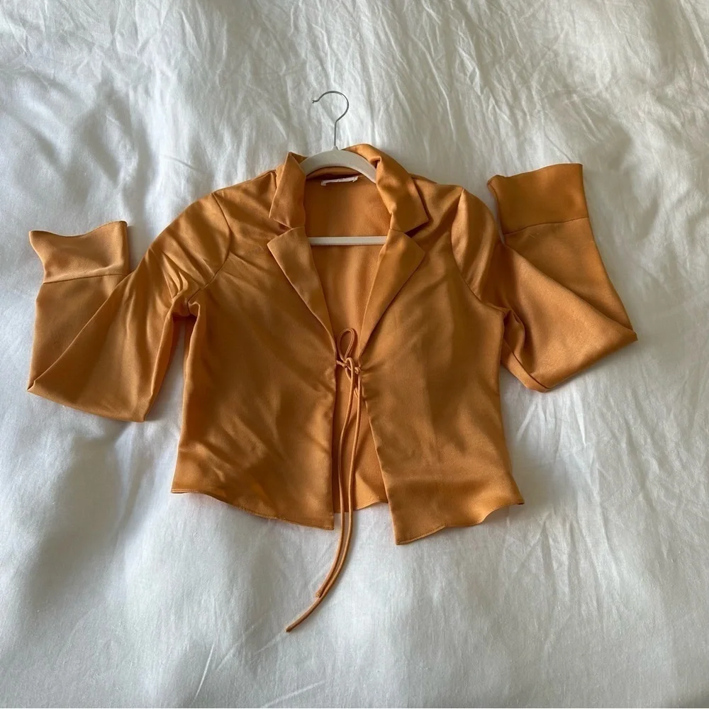 Sage The Label Satin Tie Front Top Long Sleeve Blouse Orange Going Out Crop S - Picture 7 of 8